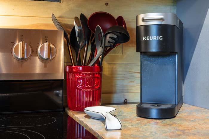 Kitchen appliances and countertop seating