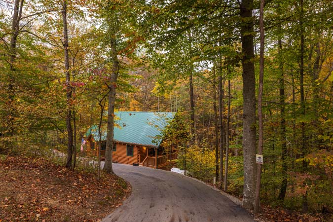 Outdoor hot tub area surrounded by trees at Cardinal Cabin