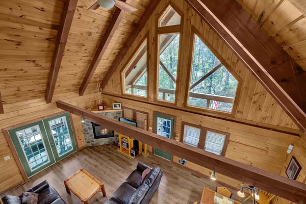 Inviting cabin living room with modern amenities