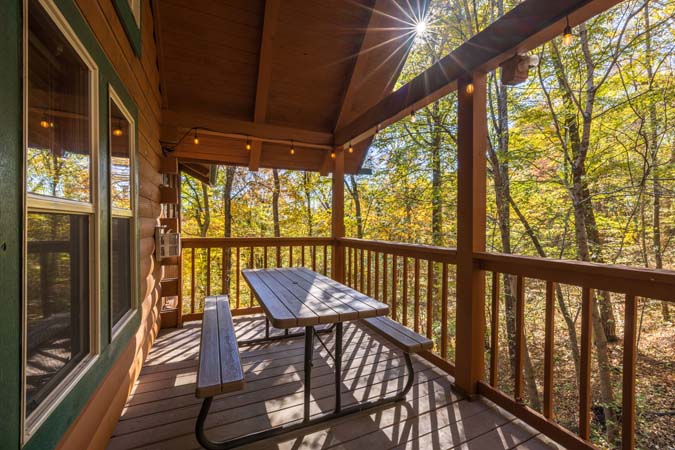 Living room seating and fireplace at Chickadee Cabin