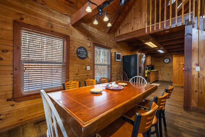 Kitchen and dining layout at Chickadee Cabin