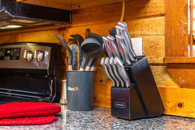 Bathroom vanity and fixtures at Chickadee Cabin
