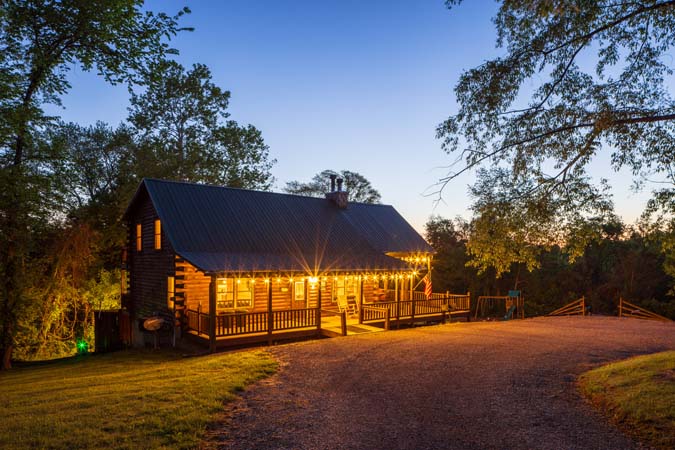 Twilight exterior of Green Acres Lodge in the Hocking Hills