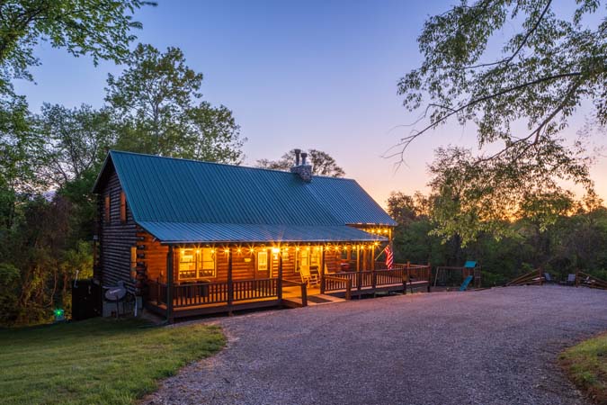 Exterior twilight photo of Green Acres Lodge in Hocking Hills