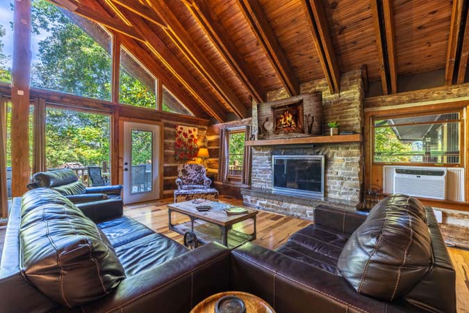 Indoor pool with sliding glass doors at High Point Lodge