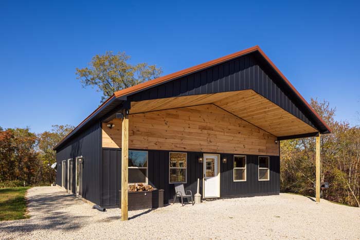 Game barn exterior with covered porch