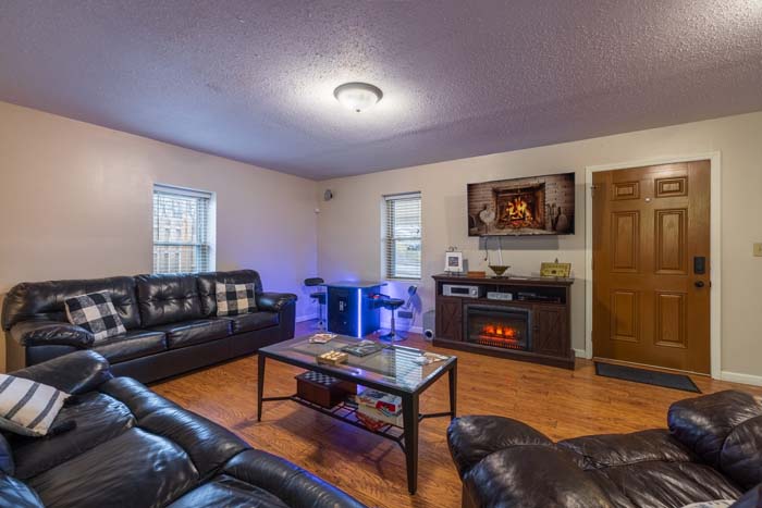 Living room with leather sofas and electric fireplace