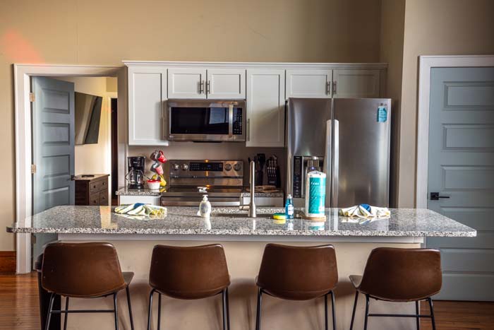 Comfortable leather sofa and large smart TV entertainment setup