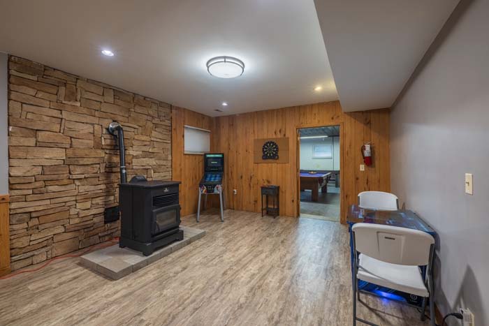 Rec room with stone accent wall and pellet stove
