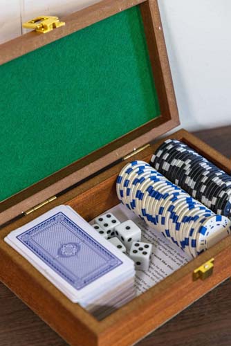 Card, poker chip, and dice game set