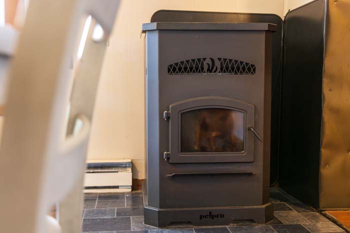 Pellet stove on a slate hearth