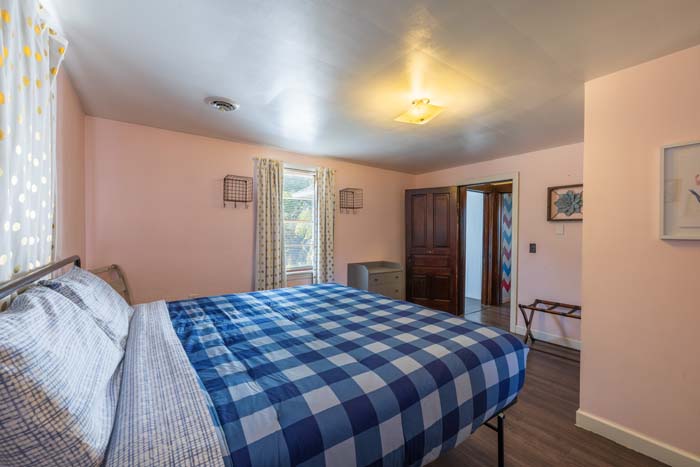 Spacious pink bedroom with blue plaid bed