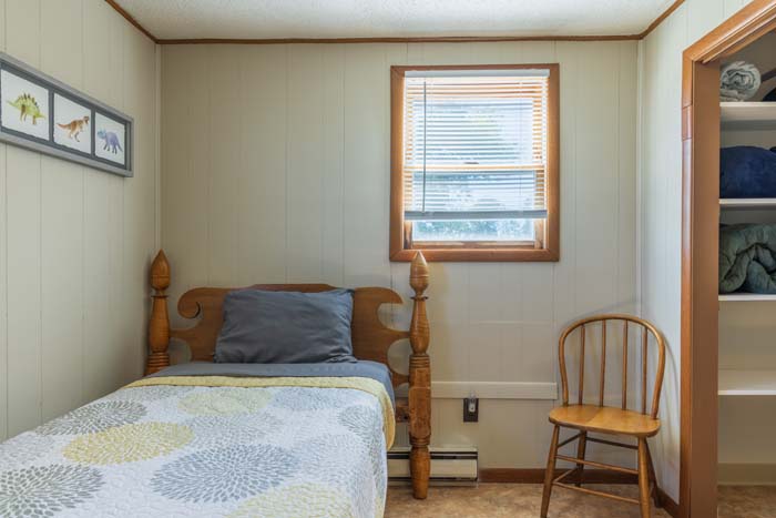 Twin bed with dinosaur art in a kids' room