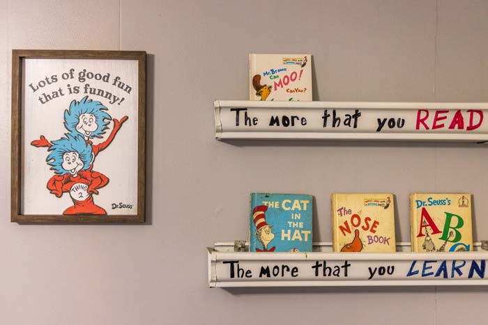 Dr. Seuss-themed reading nook with book ledges