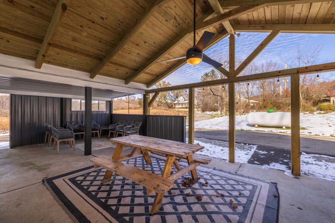 Great room with leather furniture at The Grange