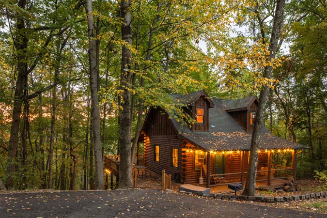 Exterior view of Bent Tree Cabin offering private wooded retreat in Hocking Hills Ohio