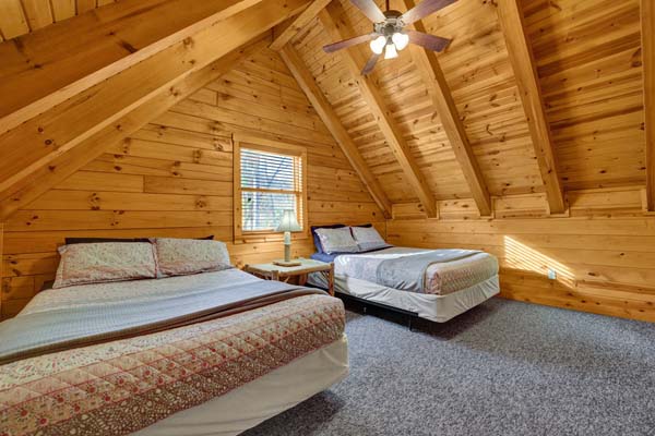 Wooden log cabin architecture in the bedroom