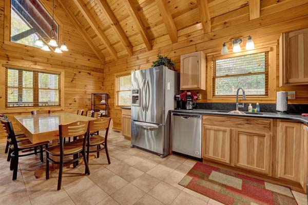 Wooden log cabin architecture in the kitchen