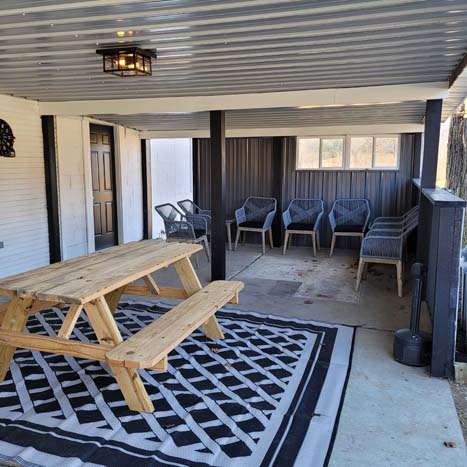 covered patio with picnic table