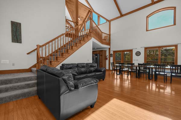 living room with stairs