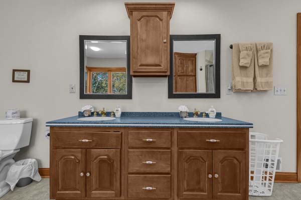 double vanity with blue sink