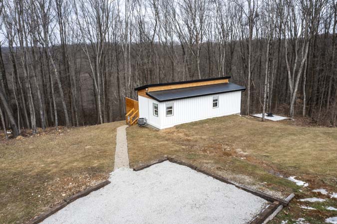 Private container retreat surrounded by woods in Hocking Hills Ohio