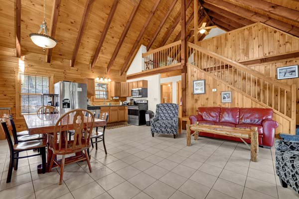 Rustic furnishings and cabin decor in the dining area