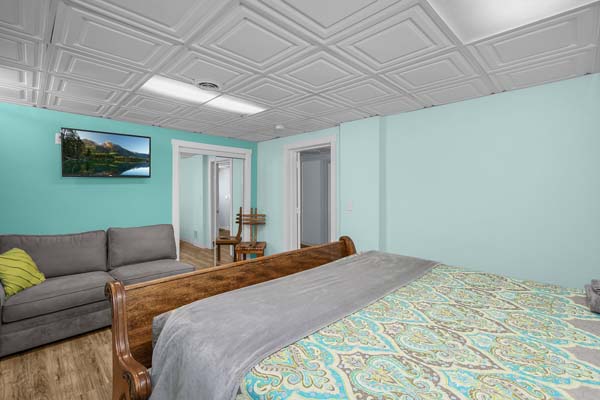 bedroom with mint colored walls